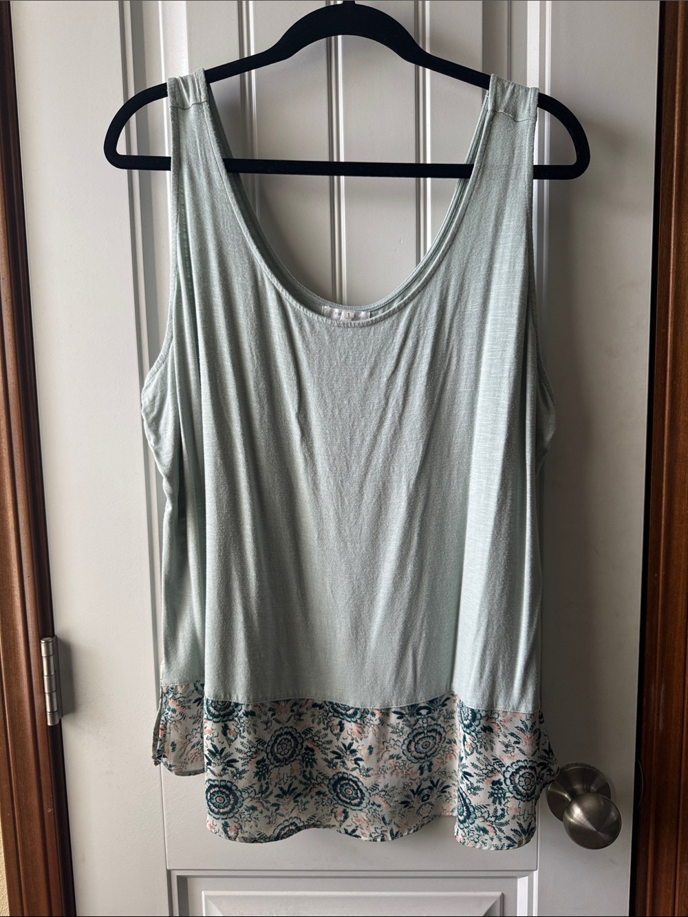 Maurices Light Sage Scoop Neck Tank with Teal Floral Hem